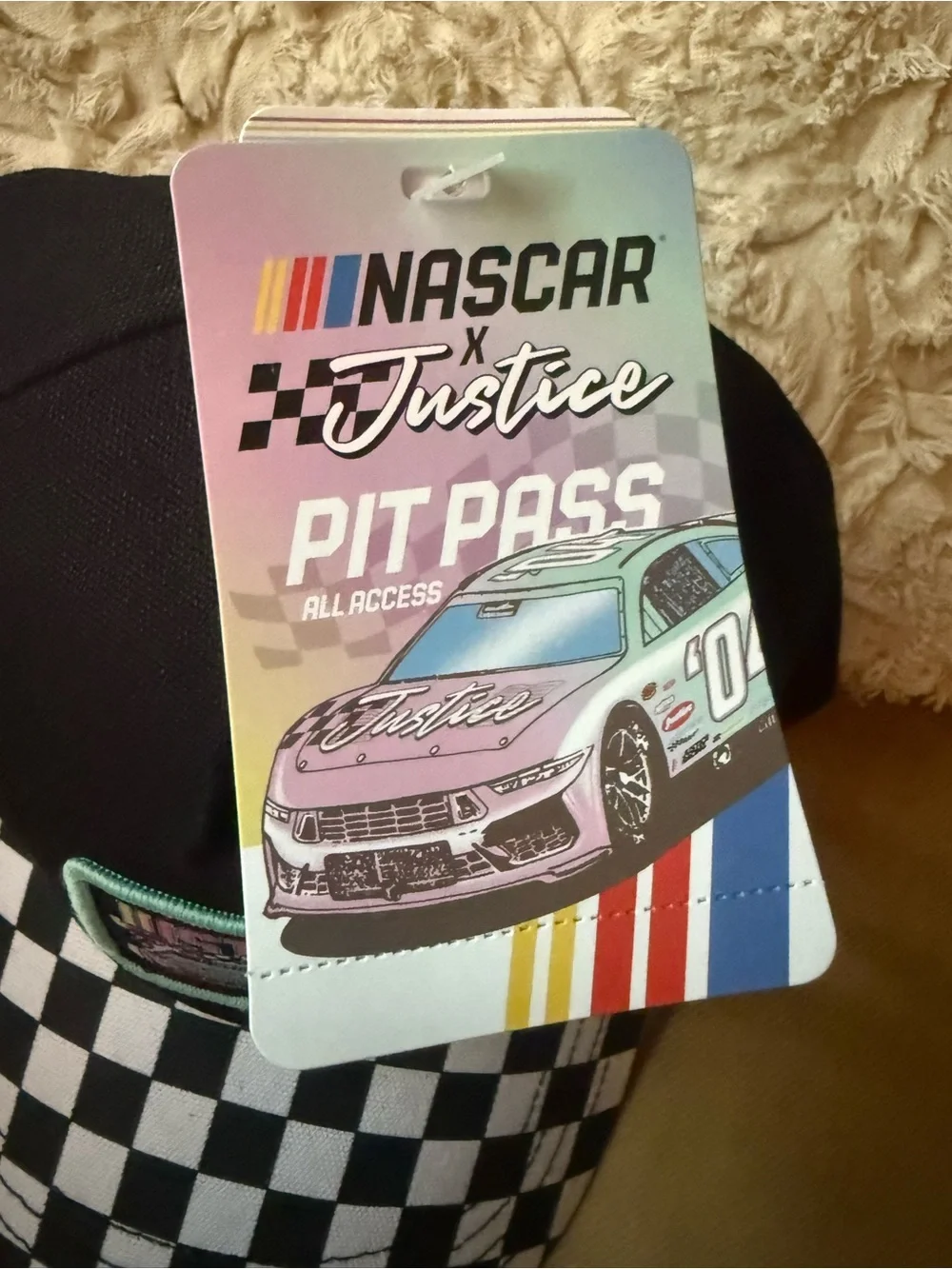 Nascar Kids Black Cap with Checkered Brim and Mint Patch